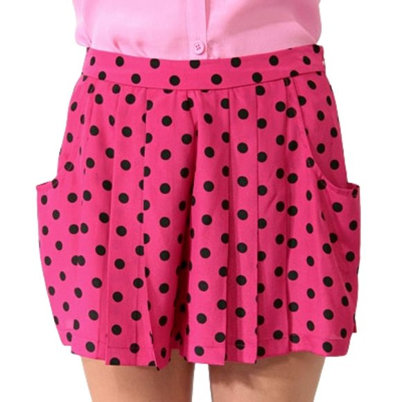 Forever 21 Hot Pink & Black Polka Dot High-Waisted Pleated Flared Pocket Shorts - Picture 2 of 11